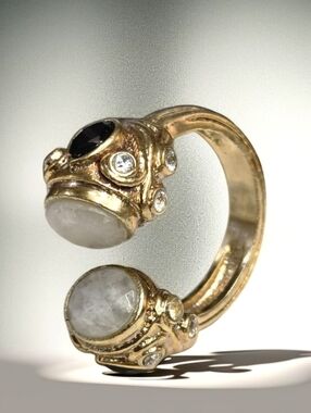 18k Gold Plated Chunky Moonstone Onyx Crystal Byzantine Revival Ring